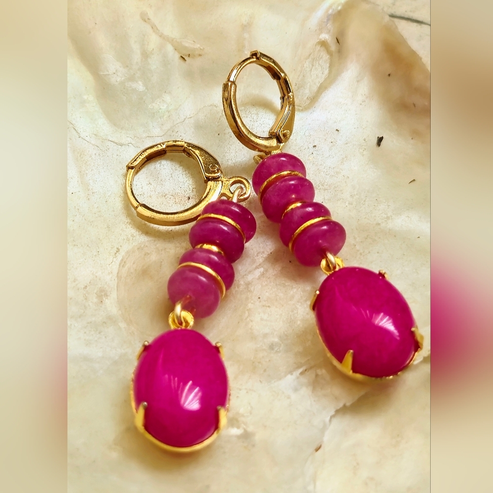 Fuchsia Hot Pink Jade In Drop Down 18K Gold Plated Earrings - Picture 5 of 7